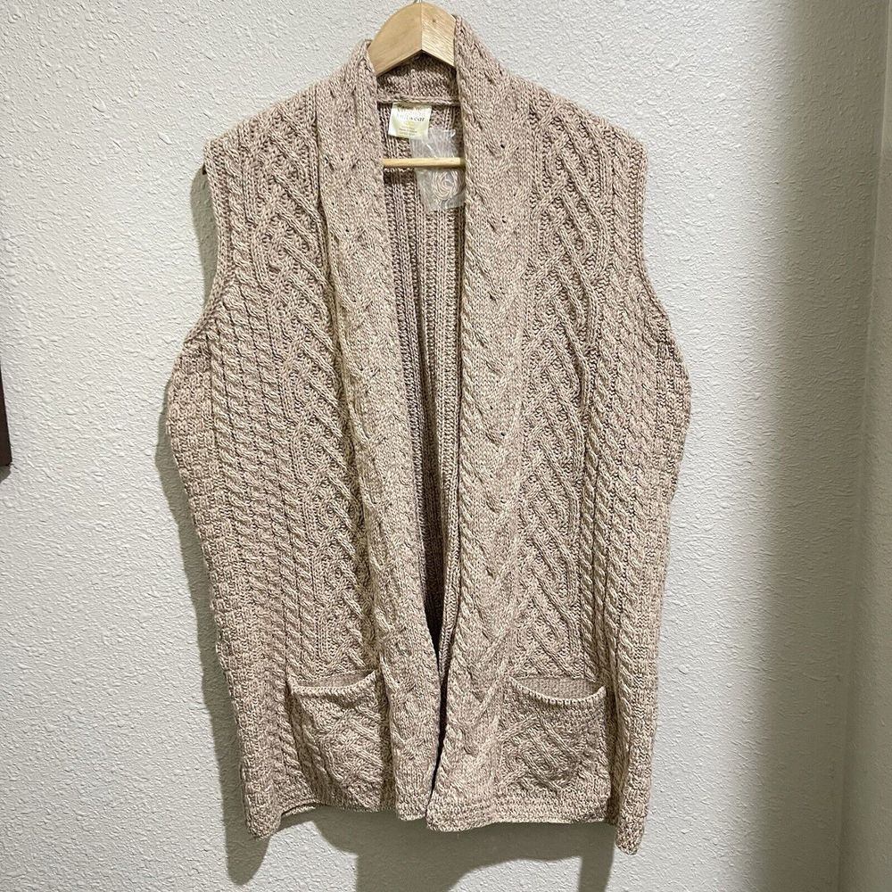 Kilronan Knitwear Ireland XL Open Cardigan Vest Wool Cable Knit Fisherman Ivory